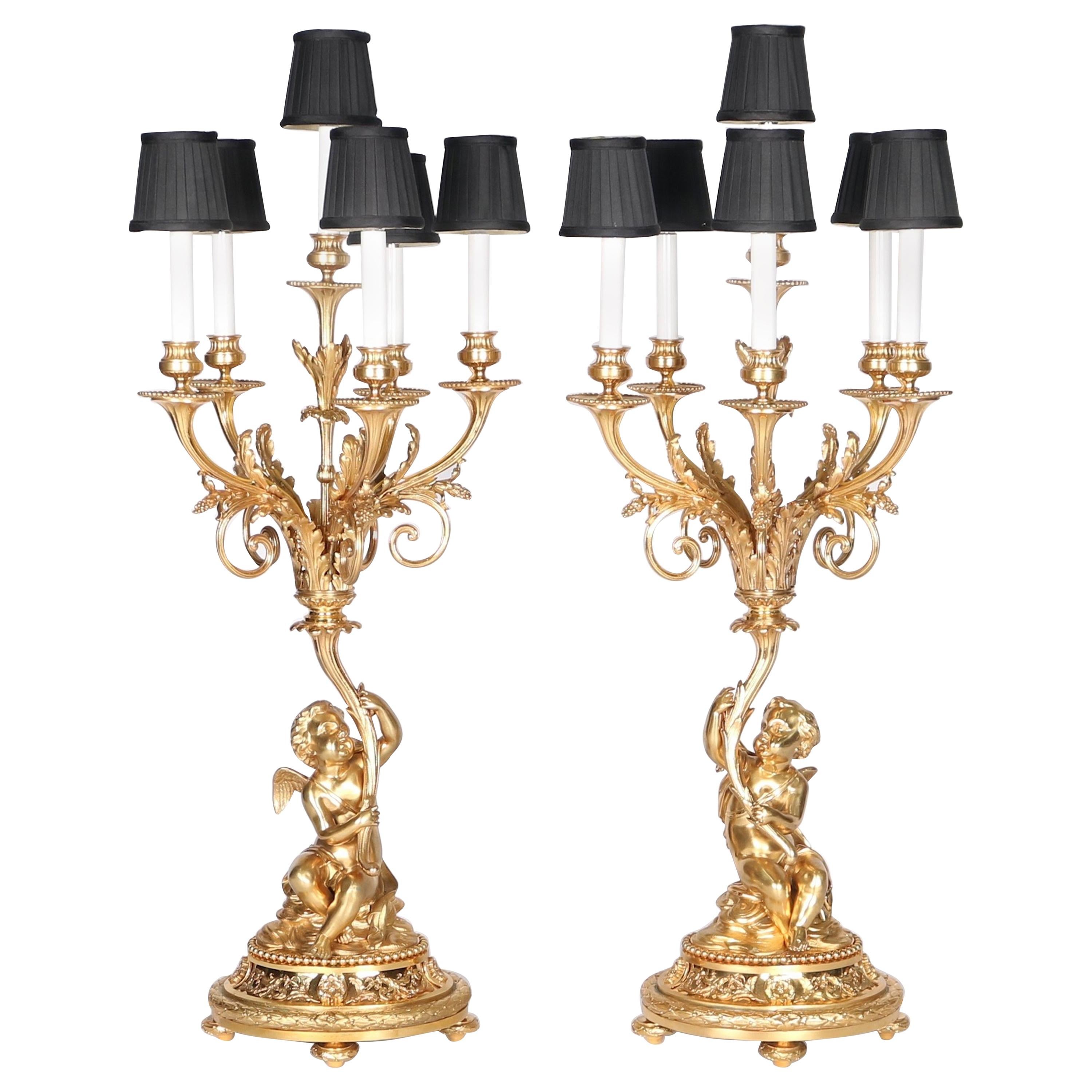 French Candelabras in Gilt Bronze with Putti