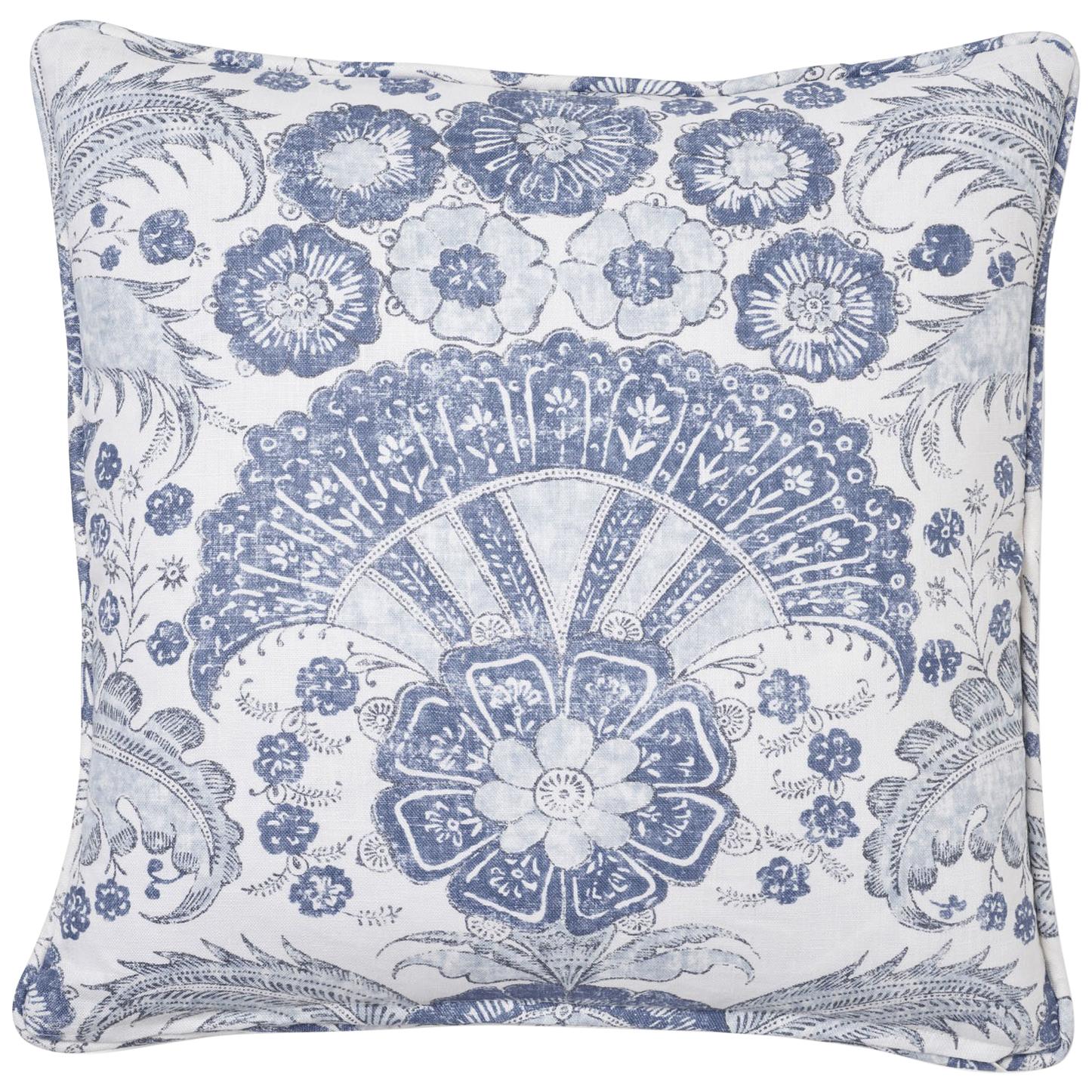 Schumacher Calicut Floral Delft Two-Sided Linen Pillow For Sale