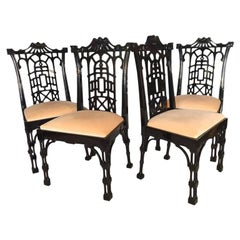 Set of Four Black Lacquer Asian Chinoiserie Pagoda Dining Chairs
