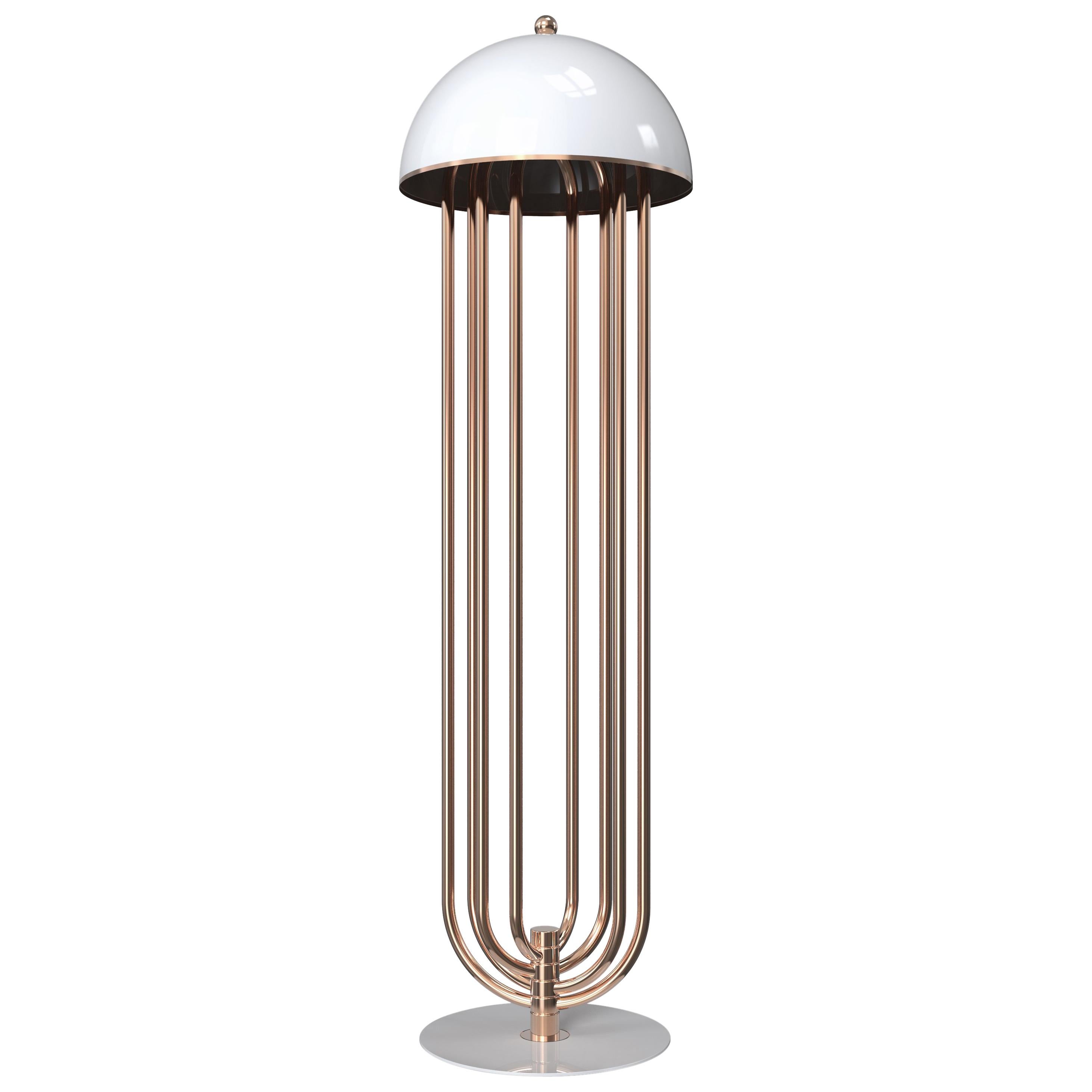 Turner Floor Lamp in White with Copper Detail For Sale