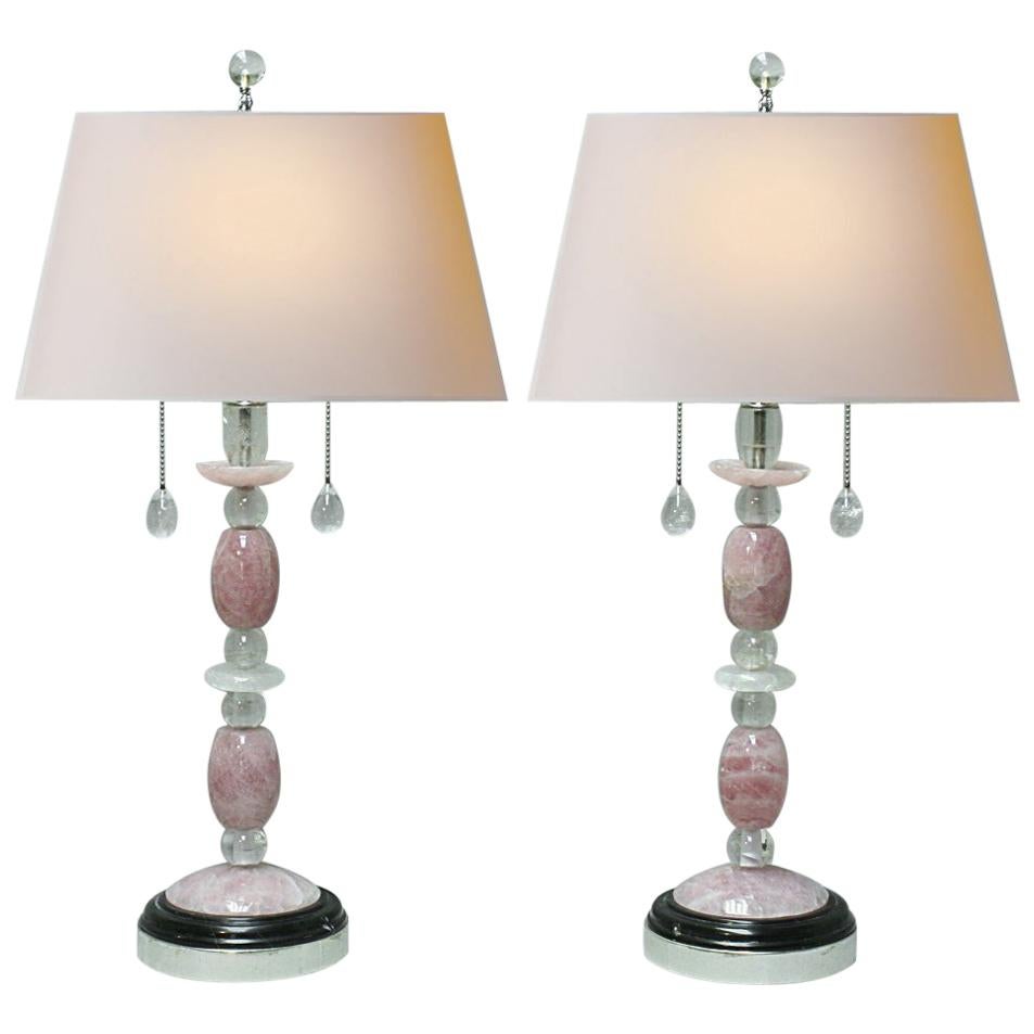 Pair of Modern Rock Crystal and Rose Quartz Table Lamps