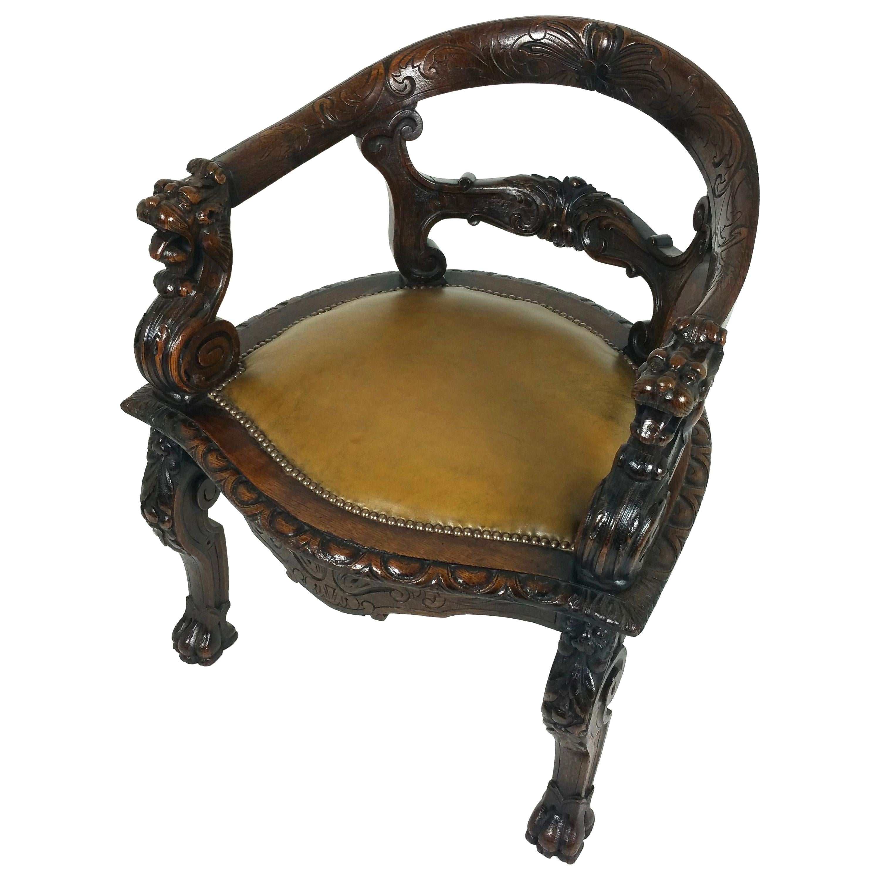 Mid-Victorian Carved Oak Tub Shaped Desk Chair