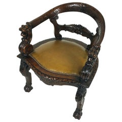 Antique Mid-Victorian Carved Oak Tub Shaped Desk Chair