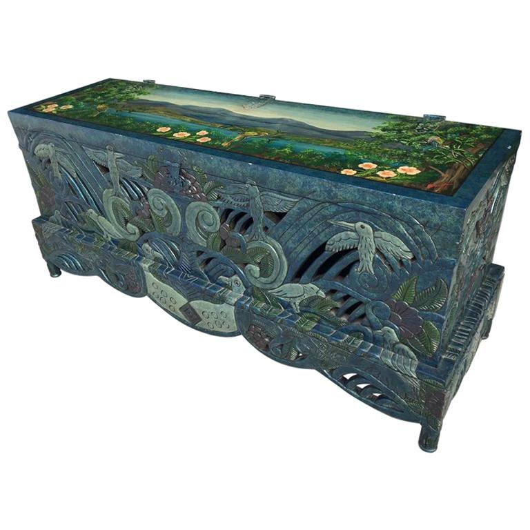 Hand Painted Carved Chinoiserie Trunk