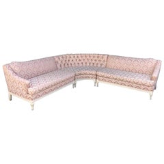 Used Four-Piece Hollywood Regency Pink Damask Tufted Sectional Sofa