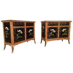 Pair of Asian Hand Painted Bamboo Cabinets, circa 1950s