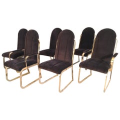 Set of Six Hollywood Regency Velvet and Brass Dining Chairs