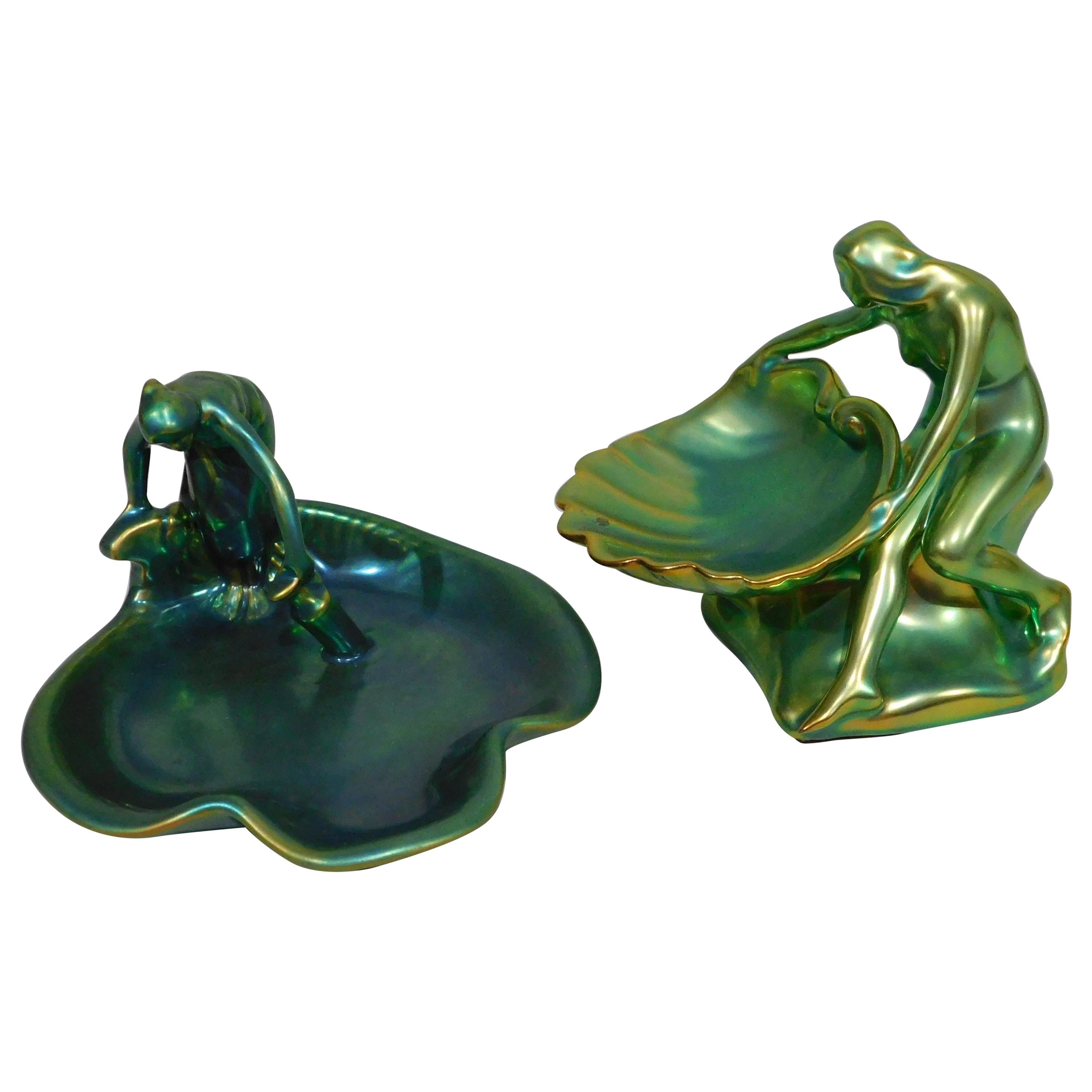 Pair of Zsolnay Decorative Ceramic Figurative Dishes with Eosin Glaze