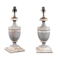 Pair of Italian Painted Blue Grey Candle Sticks Converted into Lamps