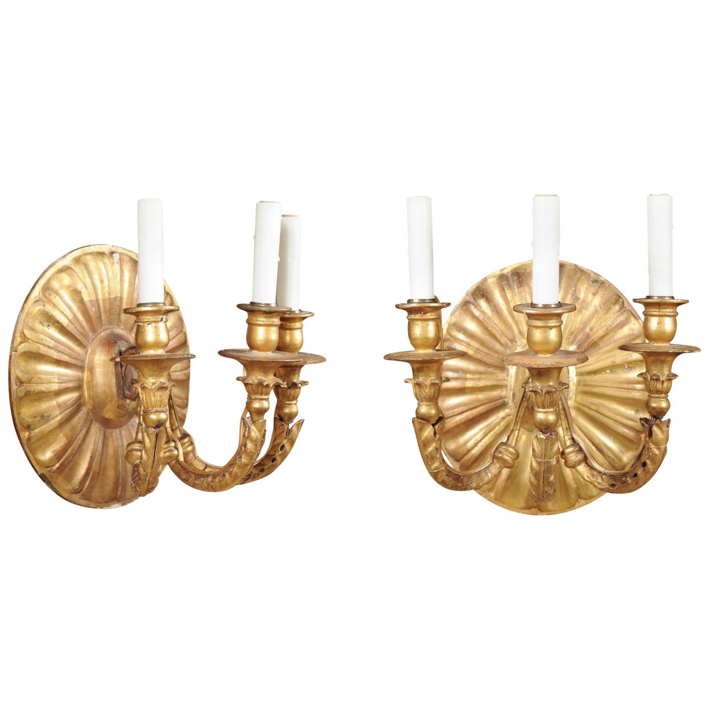 Pair of Italian Sun Burst Giltwood 3-Arm Sconces, circa 1880