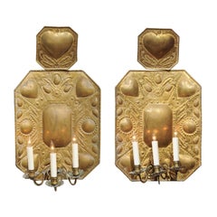 Pair of 18th Century Dutch Brass Sconces with Heart Decoration & 3 Lights