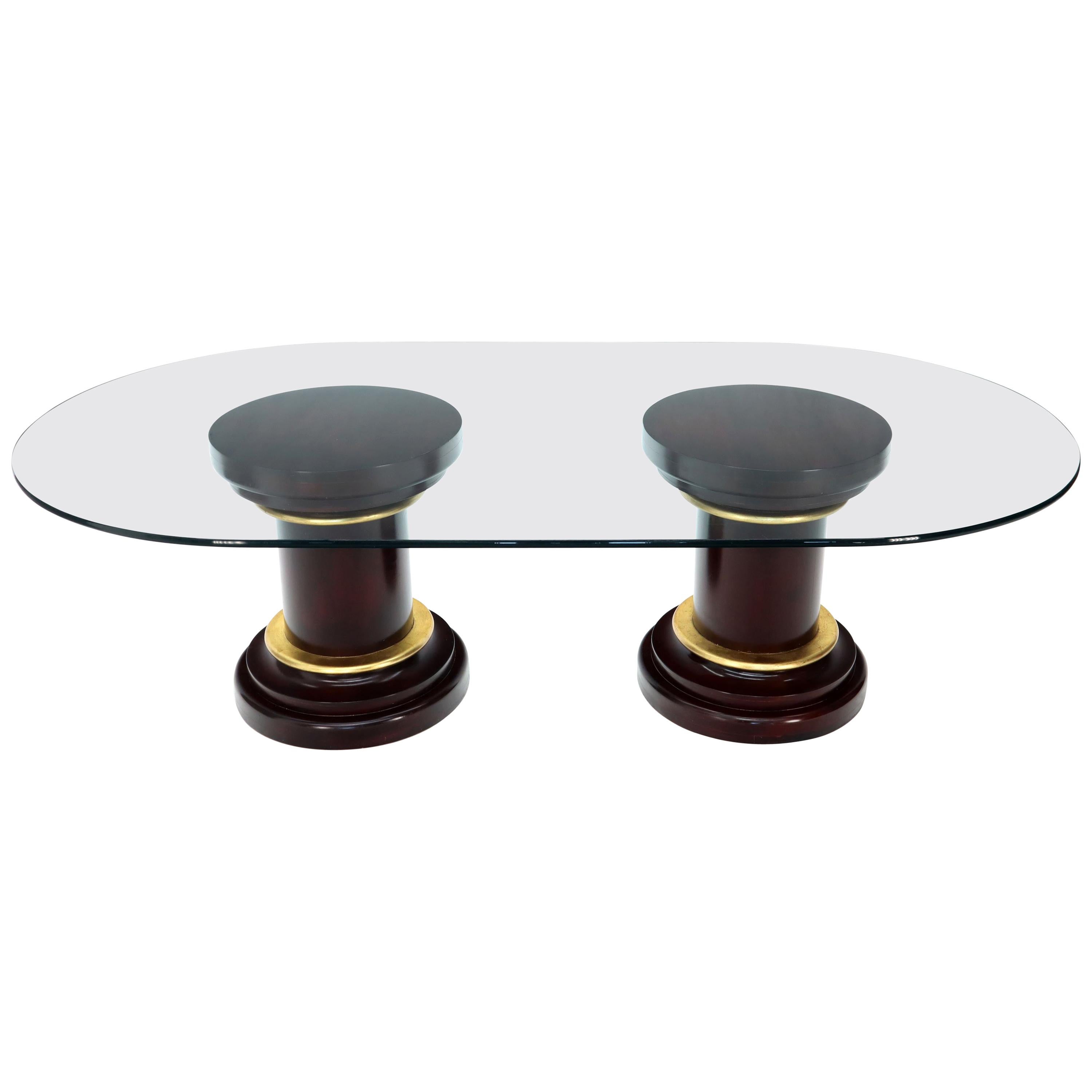 Large Oval Glass Top Two Round Turned Mahogany Pedestal Bases Dining Table
