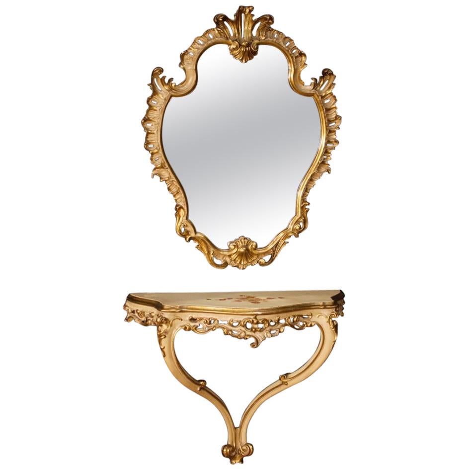 20th Century Lacquered And Gilded Wood Italian Console With Mirror, 1960 