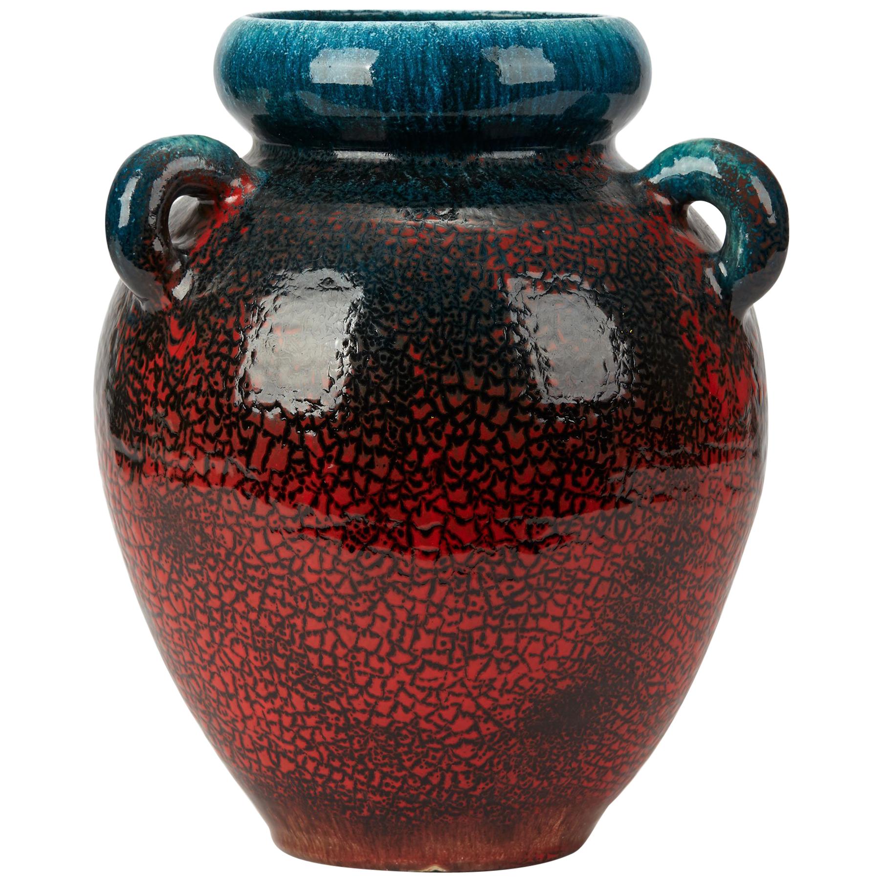 Accolay French Large Turquoise & Red Glazed Handled Vase, circa 1950