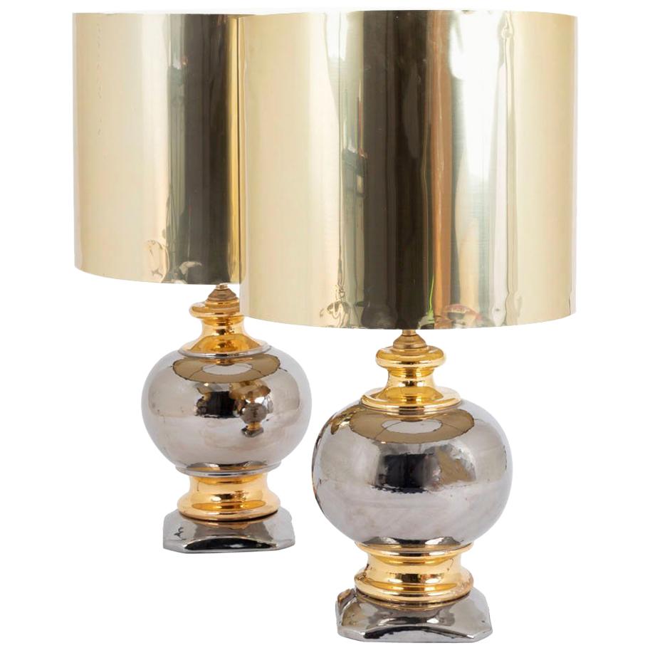 Pair of Gilt and Silver Luster Glazed Ceramic Ball Lamps, circa 1960 For Sale