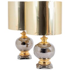 Retro Pair of Gilt and Silver Luster Glazed Ceramic Ball Lamps, circa 1960