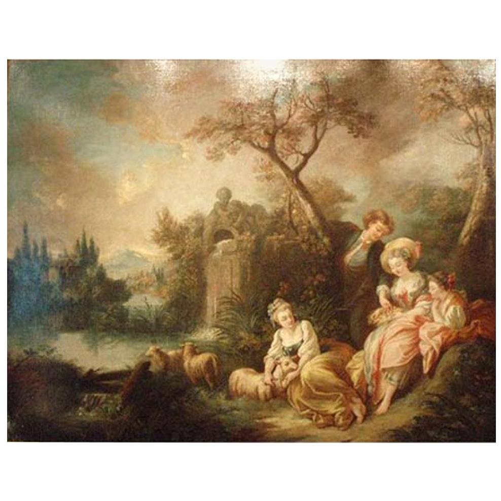 Società rococò presso uno stagno, Francia, fine del XVIII secolo