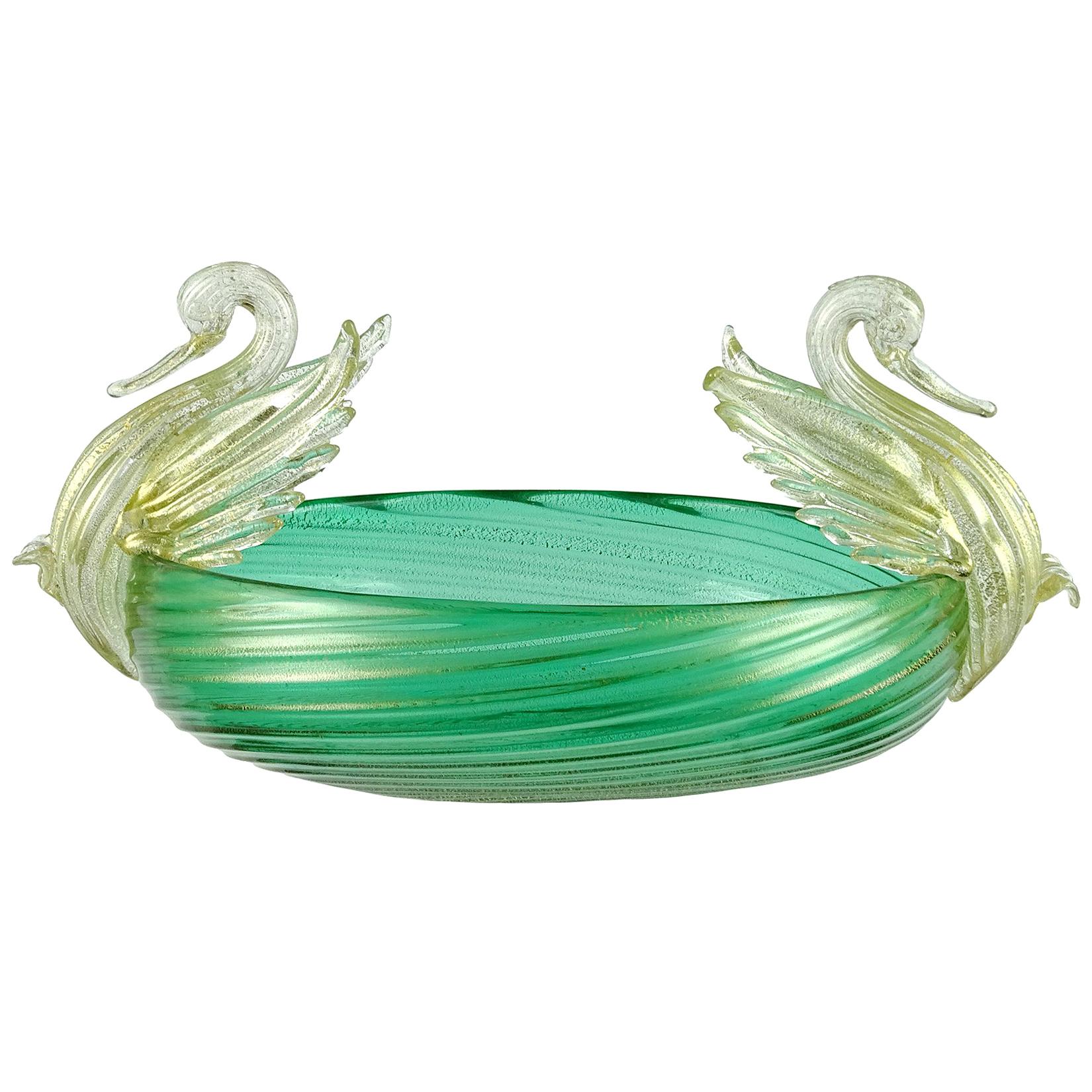 Seguso Vetri d'Arte Murano Green Gold Flecks Italian Art Glass Double Swan Bowl