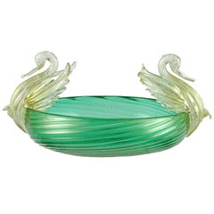 Seguso Vetri d'Arte Murano Green Gold Flecks Italian Art Glass Double Swan Bowl