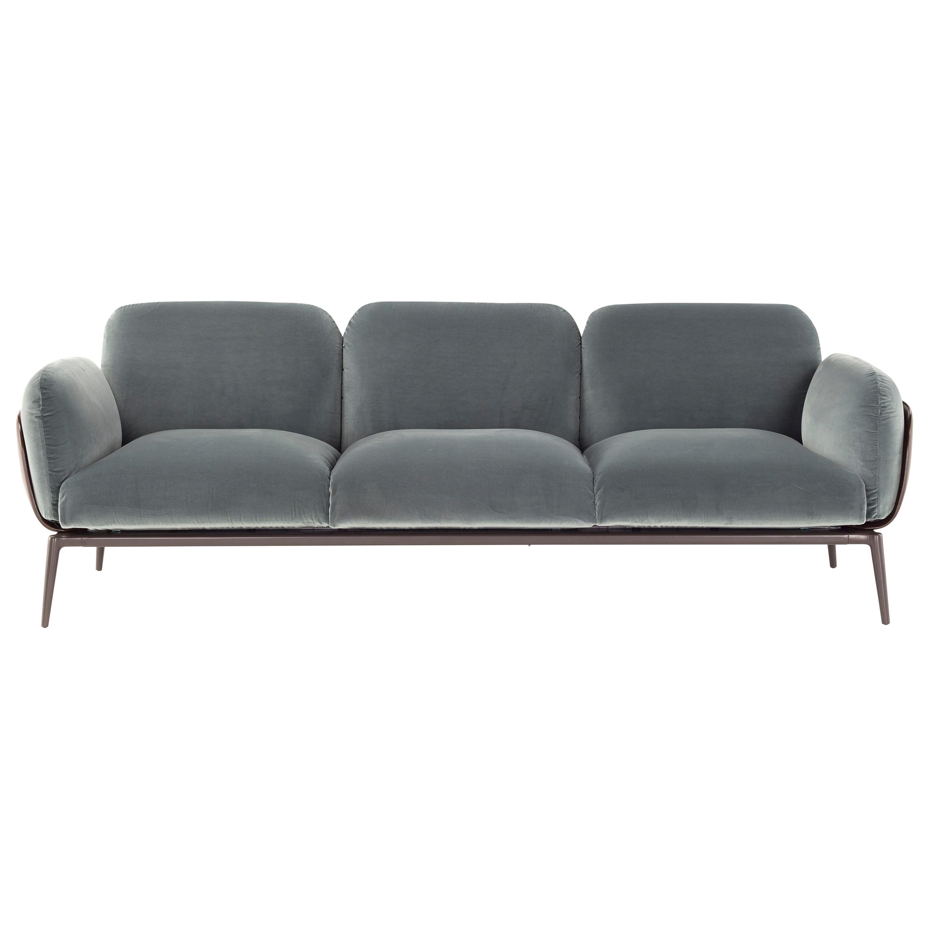 Amura 'Brooklyn' Sofa in Blue Velvet and Brown Cuoio Leather by Stefano Bigi For Sale