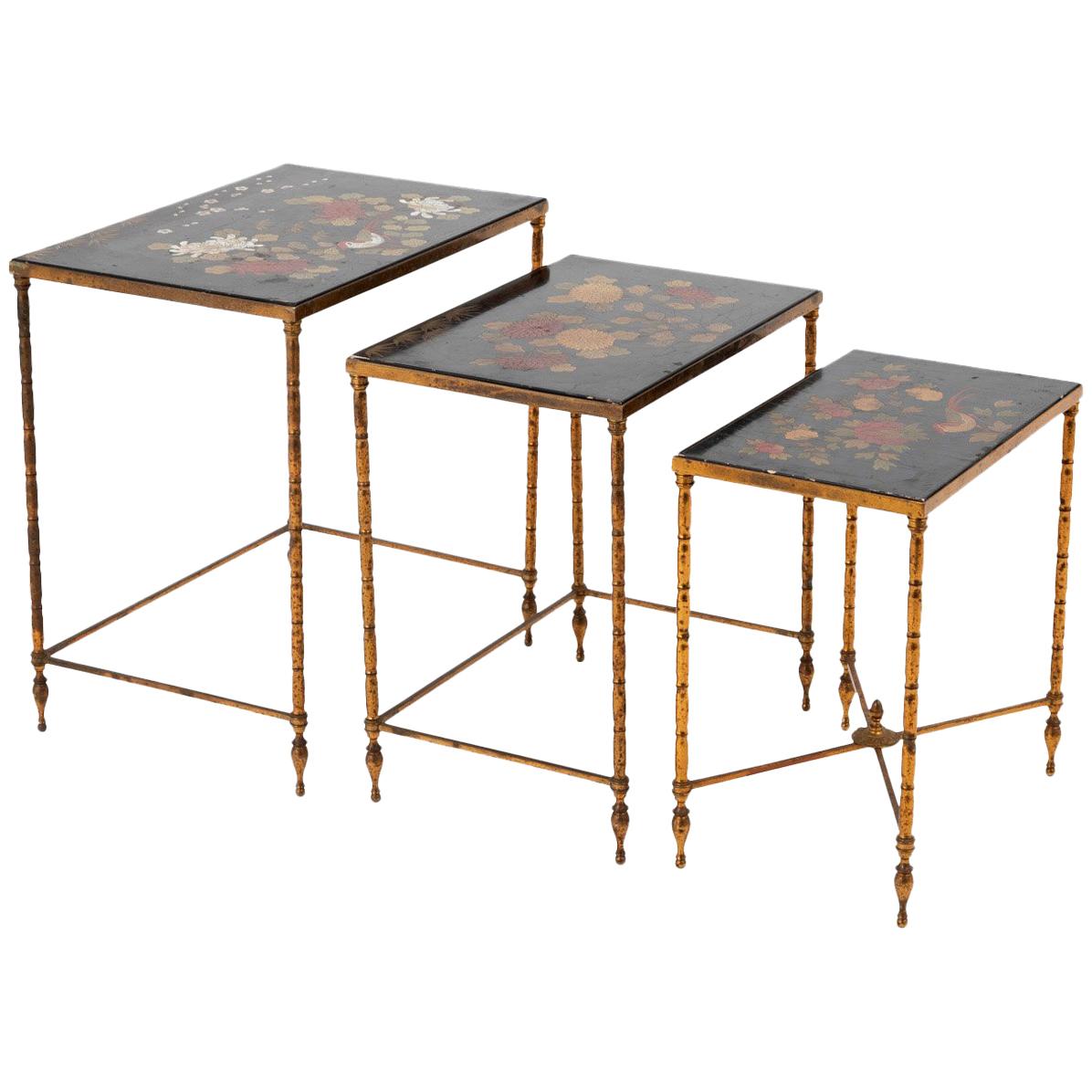 Maison Baguès, Nested Tables in Flowered Black Lacquer, 1950s