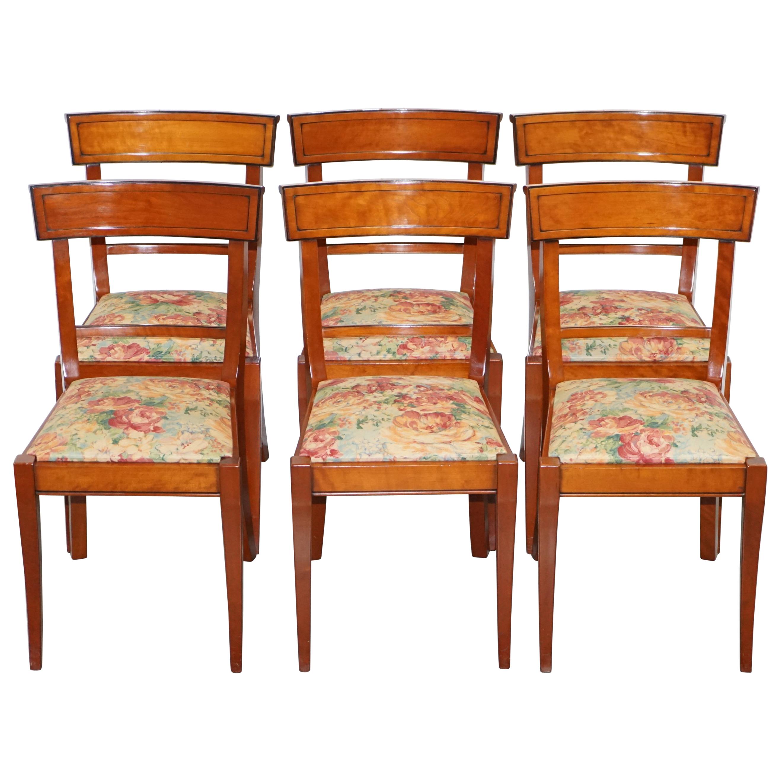 Set of 6 Grange France Solid Cherry Wood Dining Chairs Floral Upholstery
