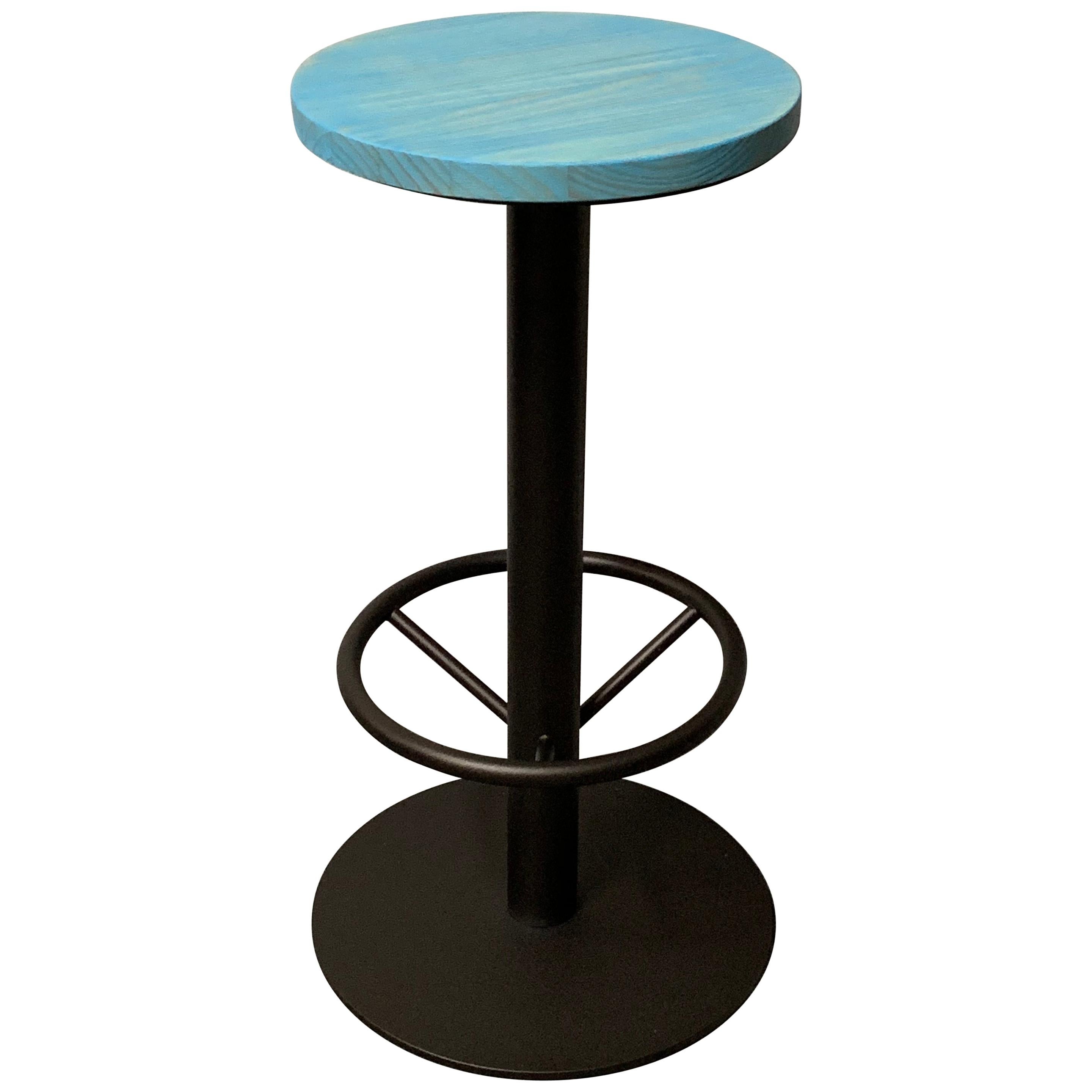 New Industrial Wrought Iron Shop Stool with Turquoise Wood Seat For Sale
