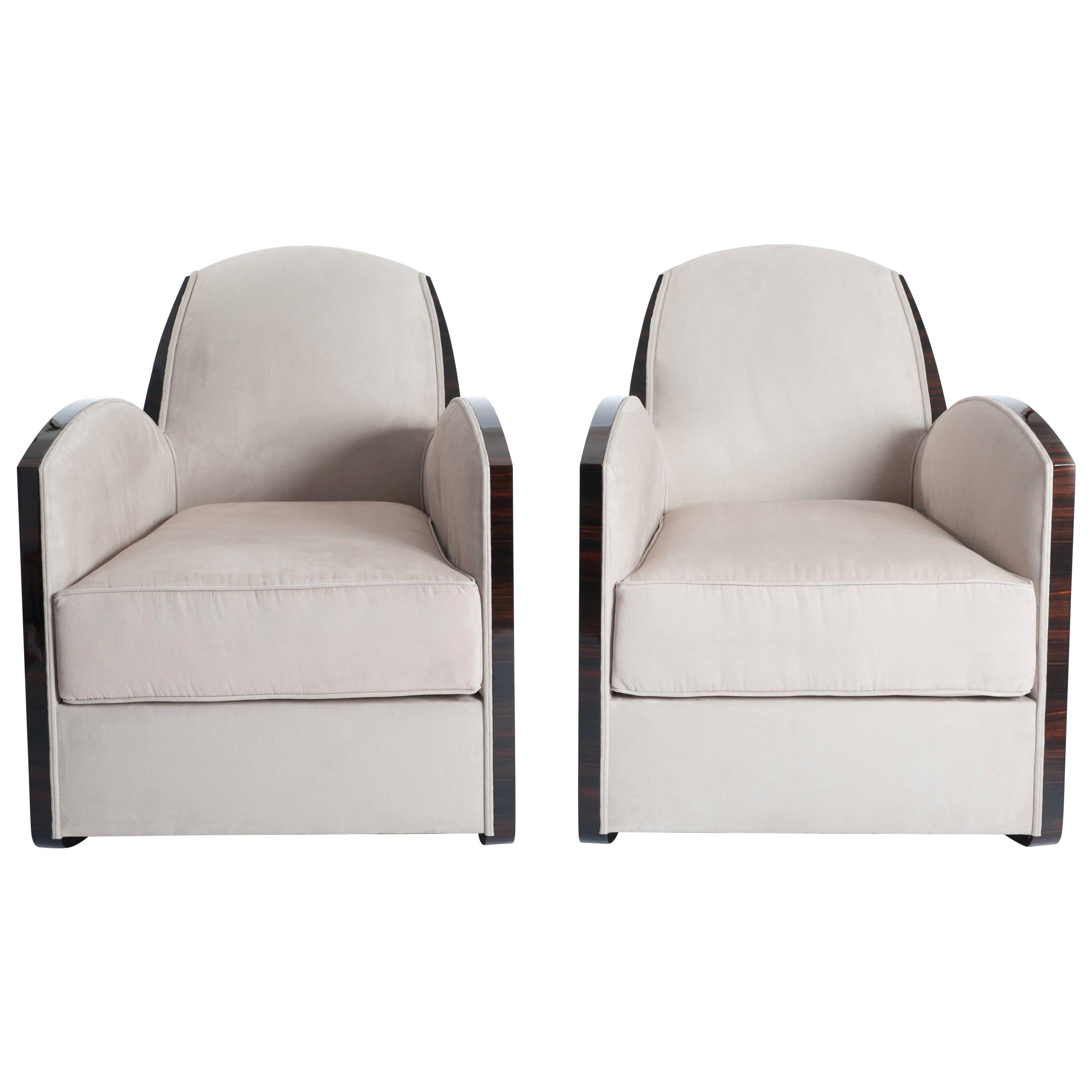 Pair of French Art Deco Macassar Armchairs in the Style of Jules Leleu