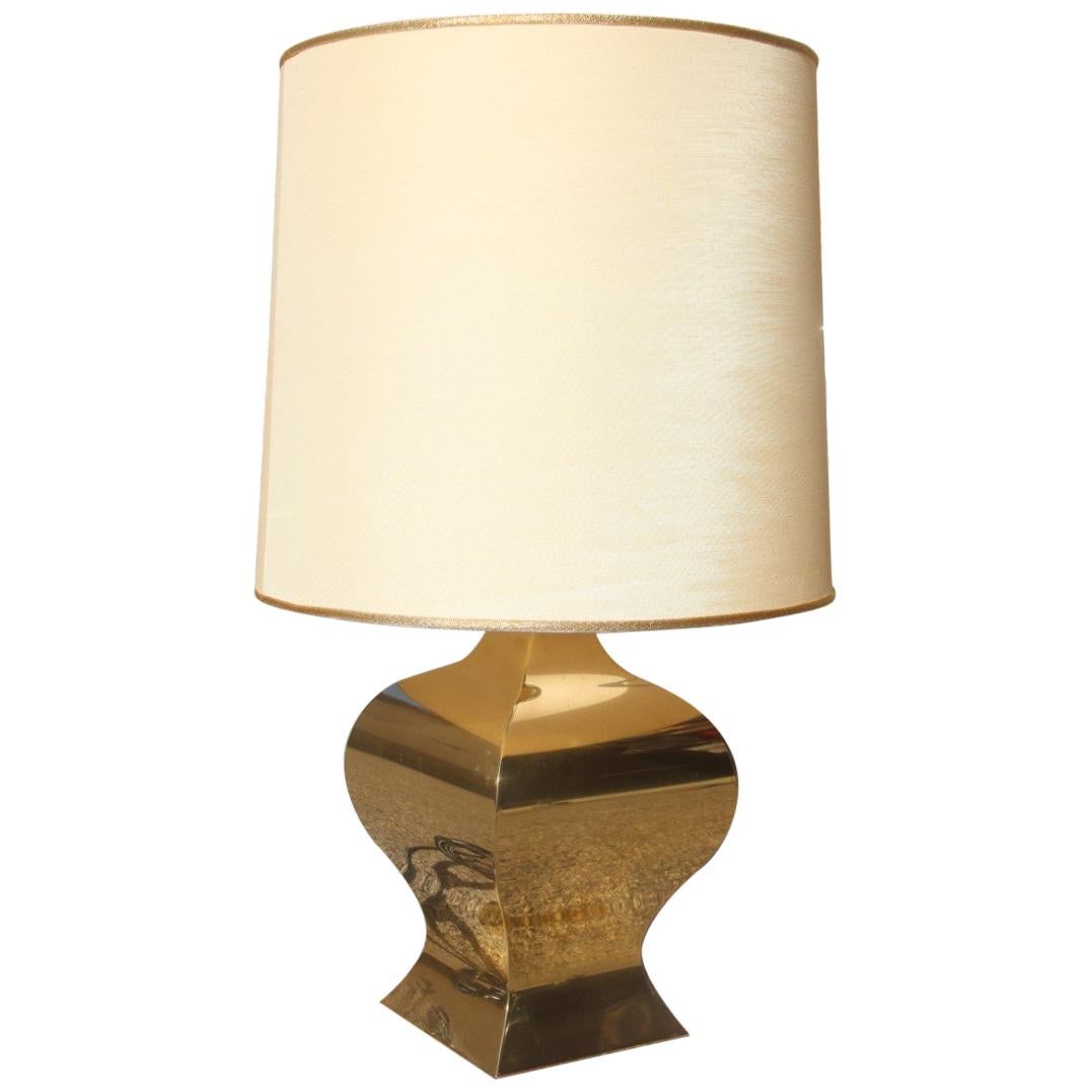 French Table Lamp in Domed Brass Dome Shantung 1970s Gold Color For Sale