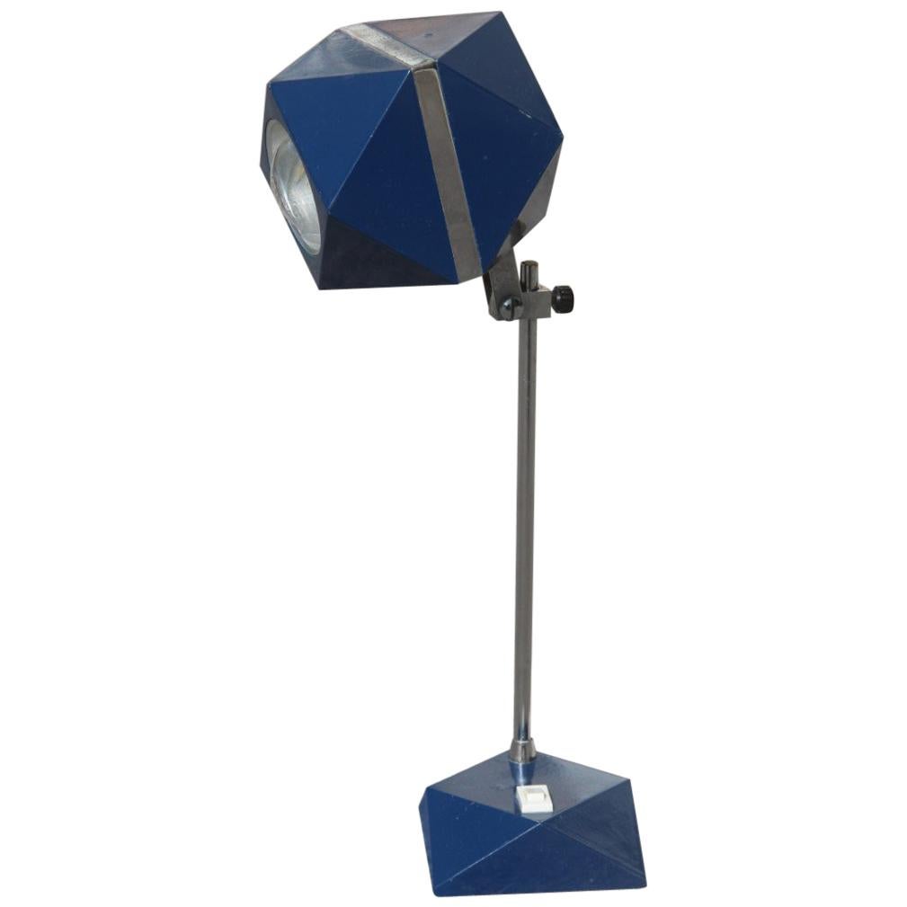 Hexagonal Table Lamp as a Diamond Height Variable Blue Color and 1970s Silver