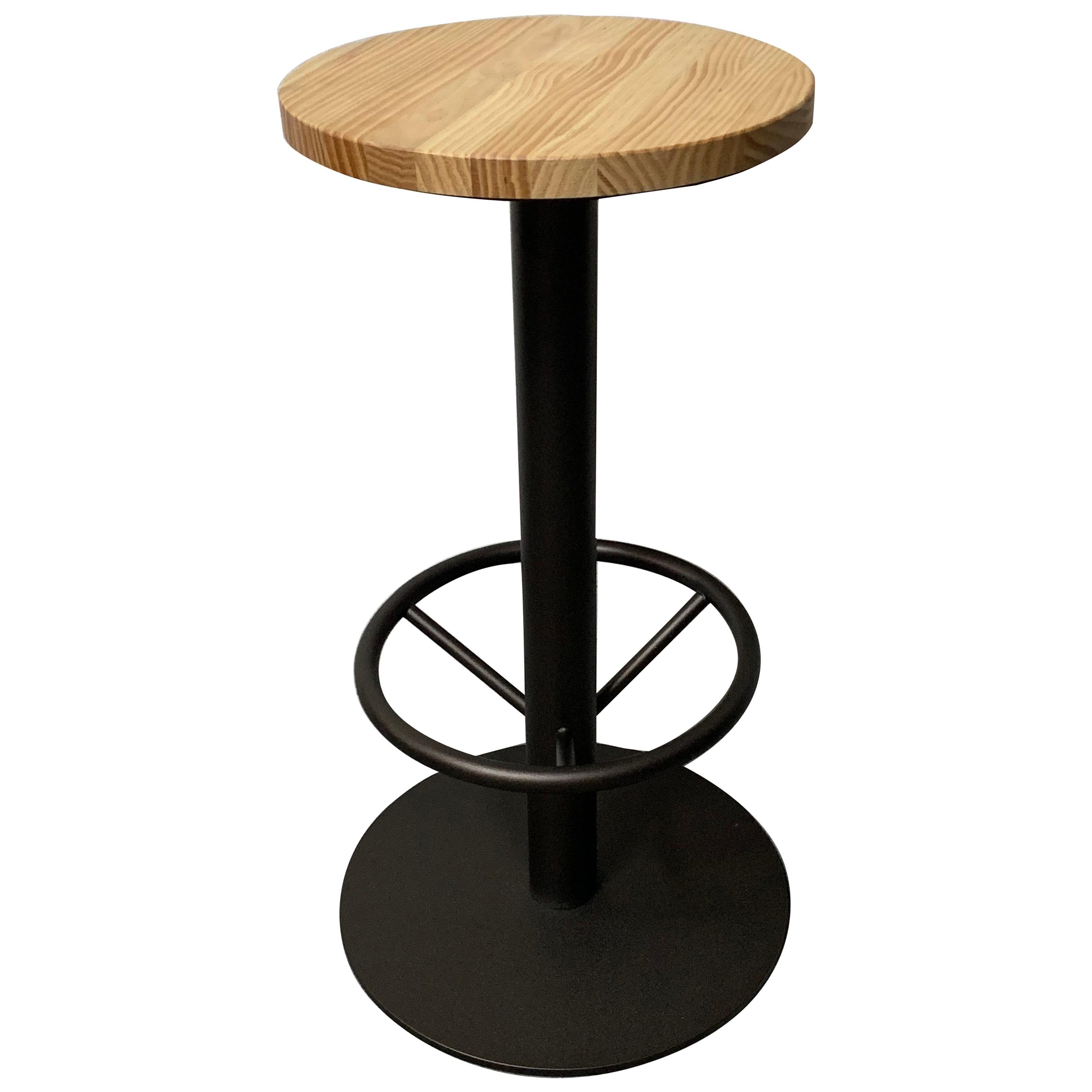 New Industrial Wrought Iron Shop Stool with Pine Wood Seat For Sale
