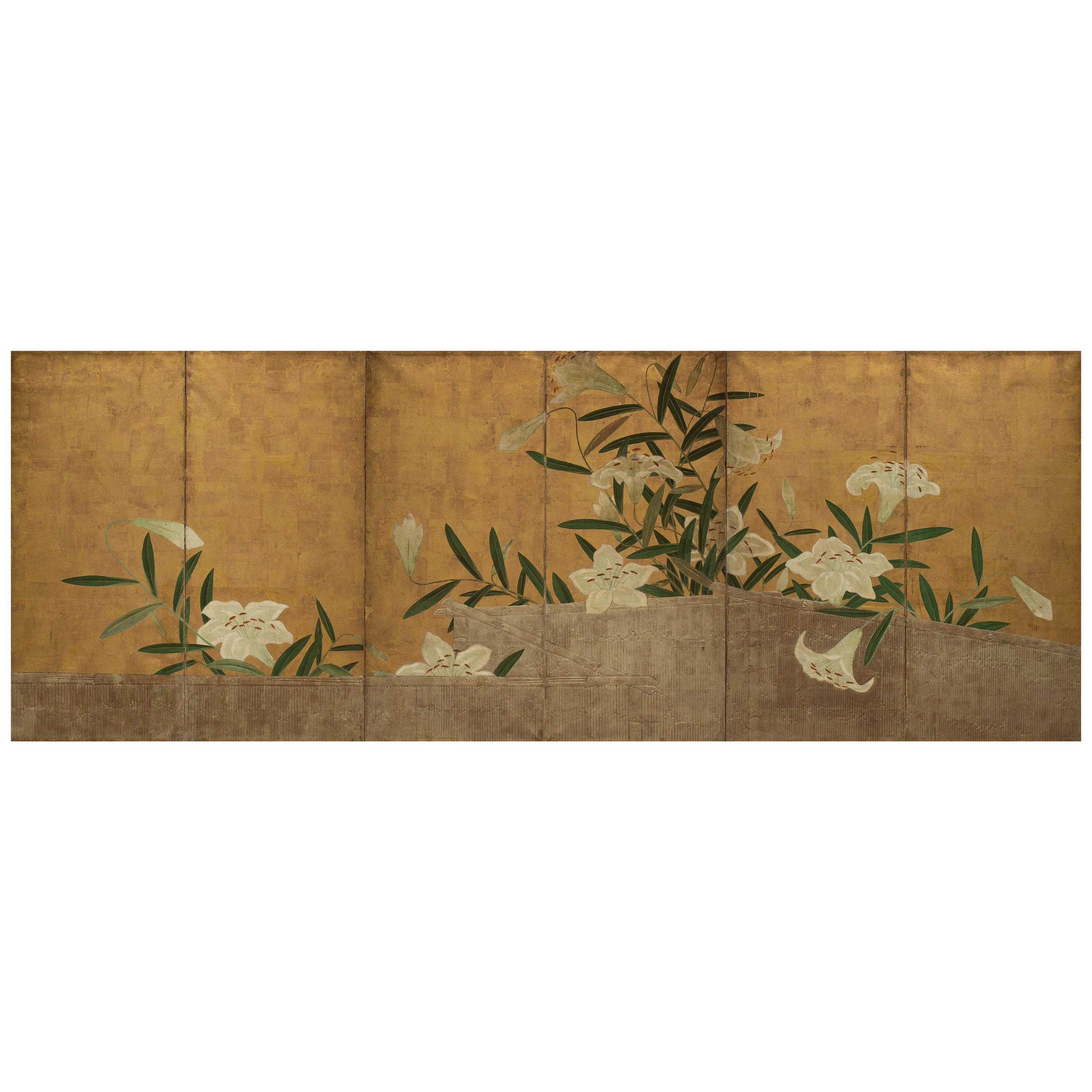Japanese Six-Panel Folding Screen with Lilies