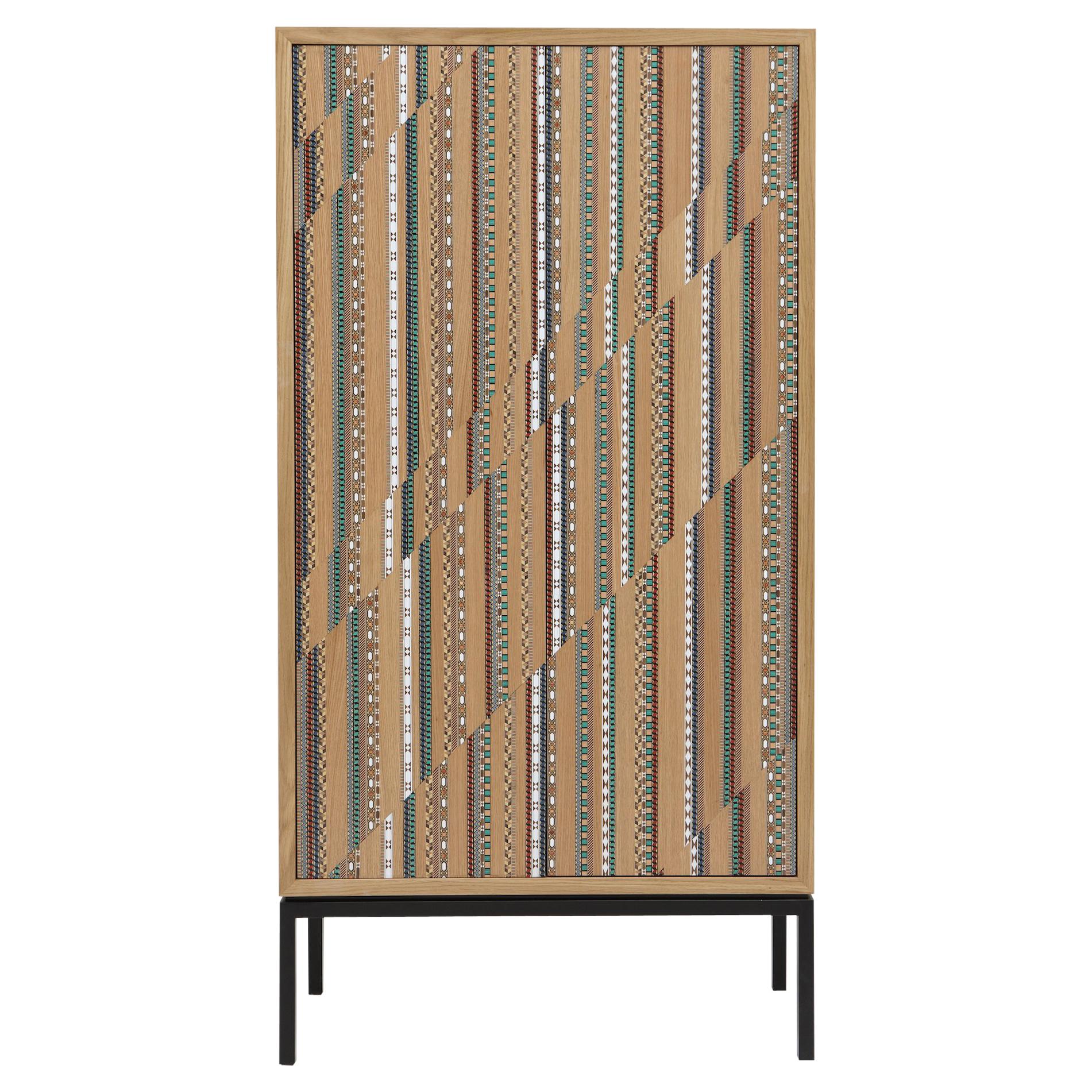 Funquetry Shift Cabinet in oak wood with Middle Easter marquetry patterns For Sale