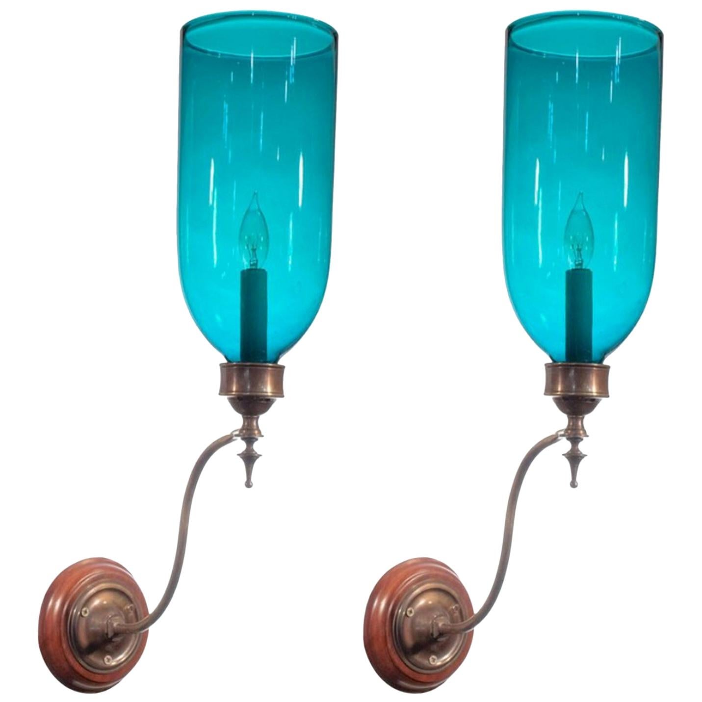 Set of Four Blue Green Teal Hurricane Shade Wall Sconces