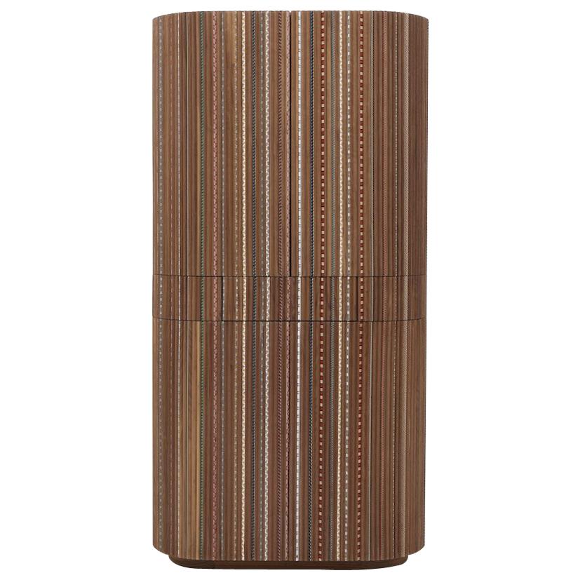 Funquetry Pleated Bar in walnut wood with Middle Easter marquetry patterns For Sale