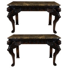 Pair of Large English Mahogany and Marble Console Tables