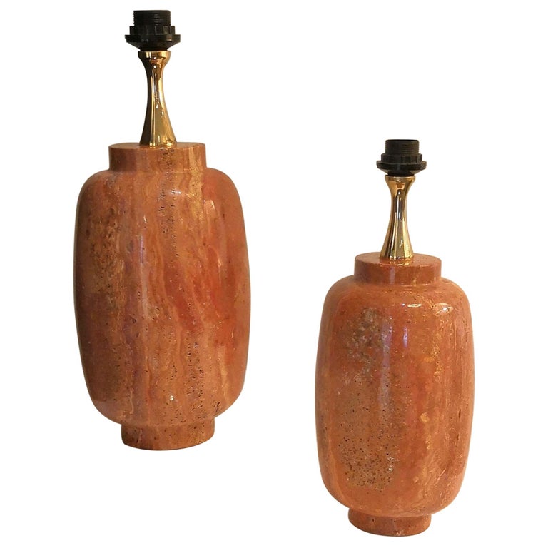 Rare Pair of Red Travertine Table Lamps by Maison Barbier, France, 1970s For Sale