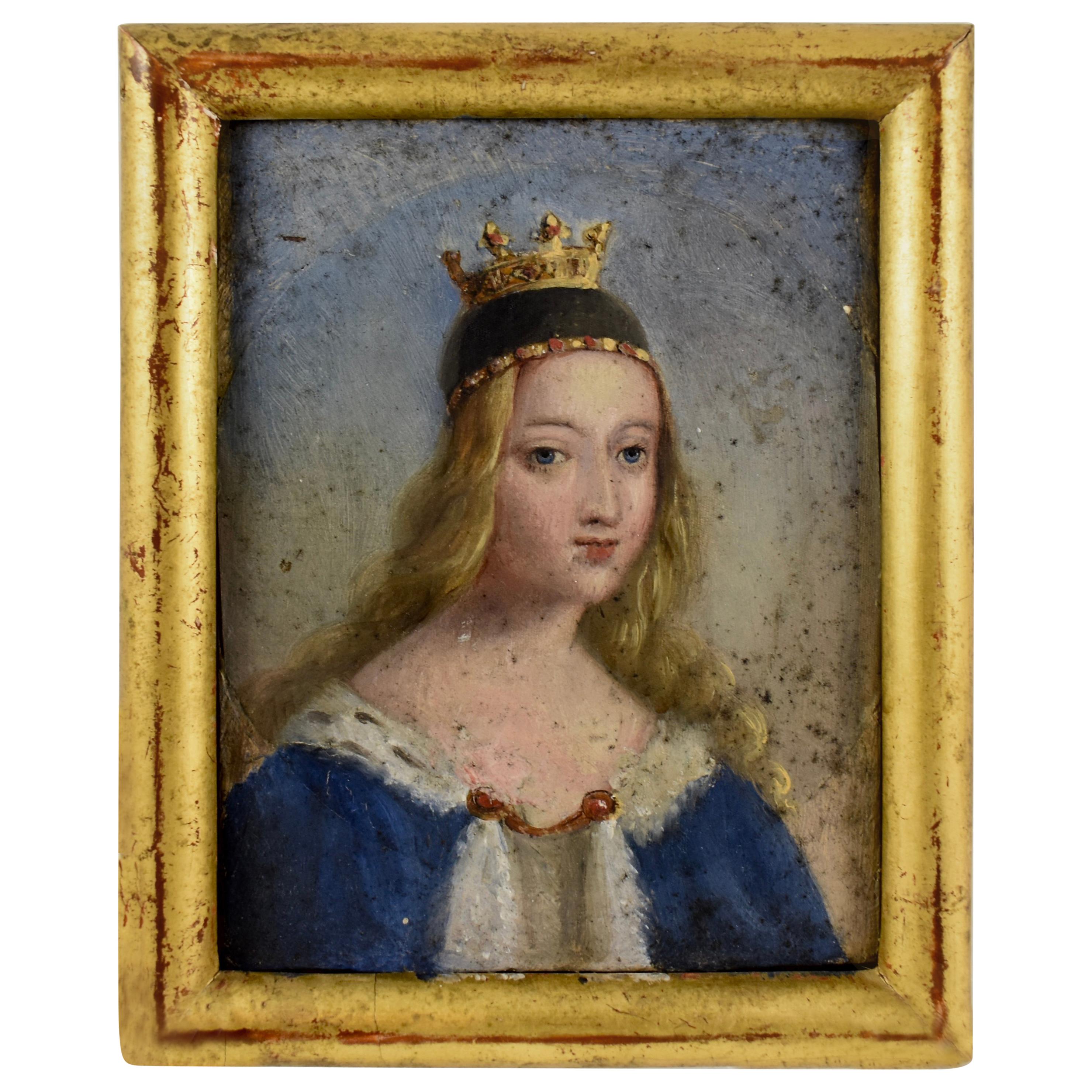 19th Century French Gold Leaf Framed Oil on Gesso Board Painting, A Noblewoman