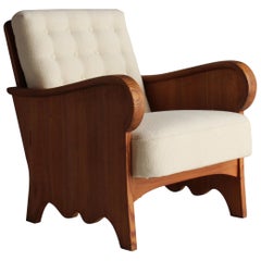 Axel Einar Hjorth, Rare "Lovö" Lounge Chair, Pine, White Fabric, NK, 1930s