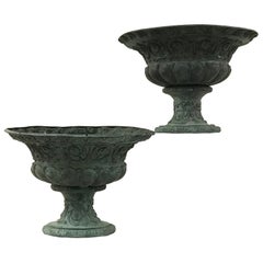 Antique Pair of English Lead, Green-Bronze Garden Urns