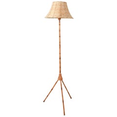 Vintage Midcentury Tripod Bamboo and Wicker Floor Lamp, 1960s