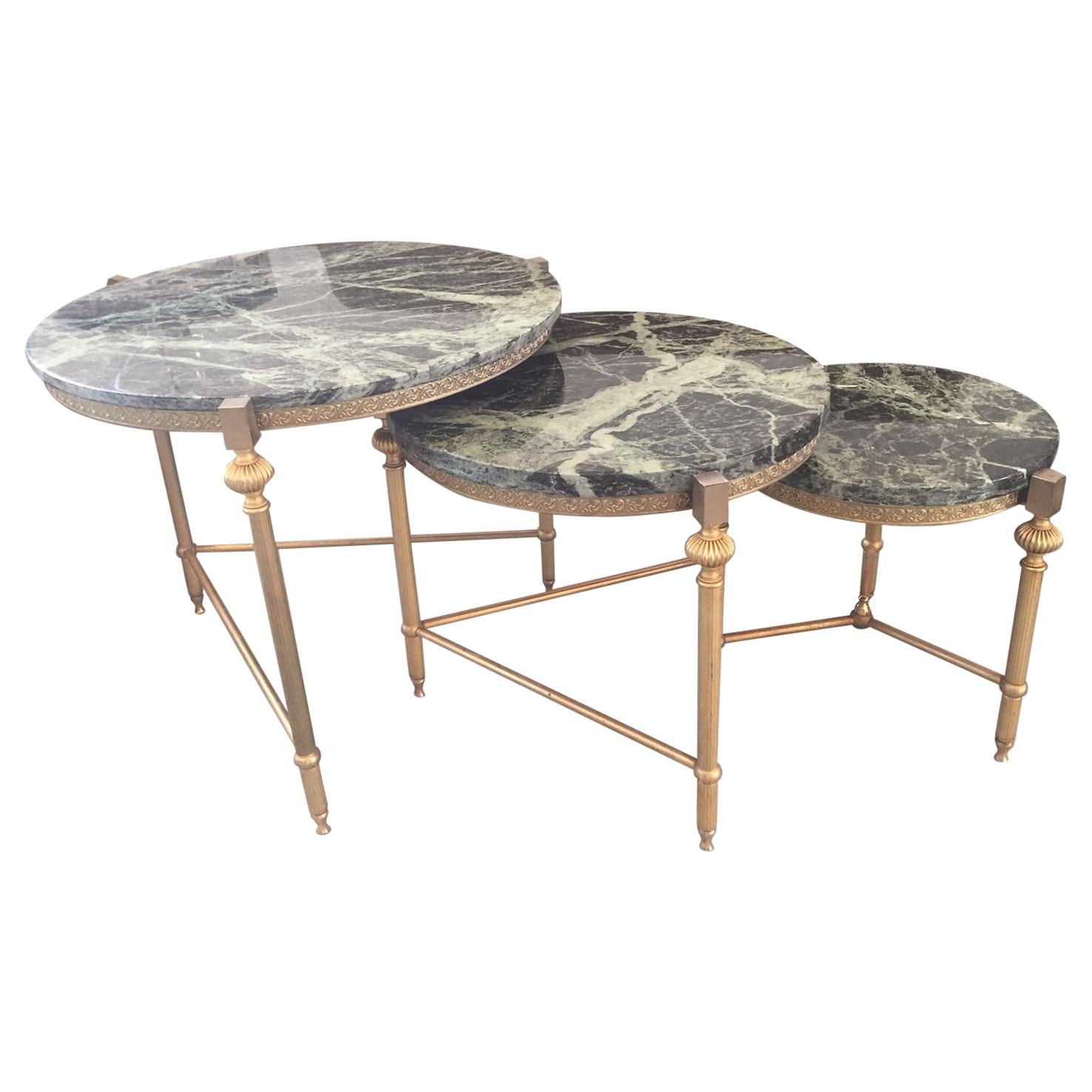20th Century, French Gilded Brass and Marble Nesting Table, 1950s