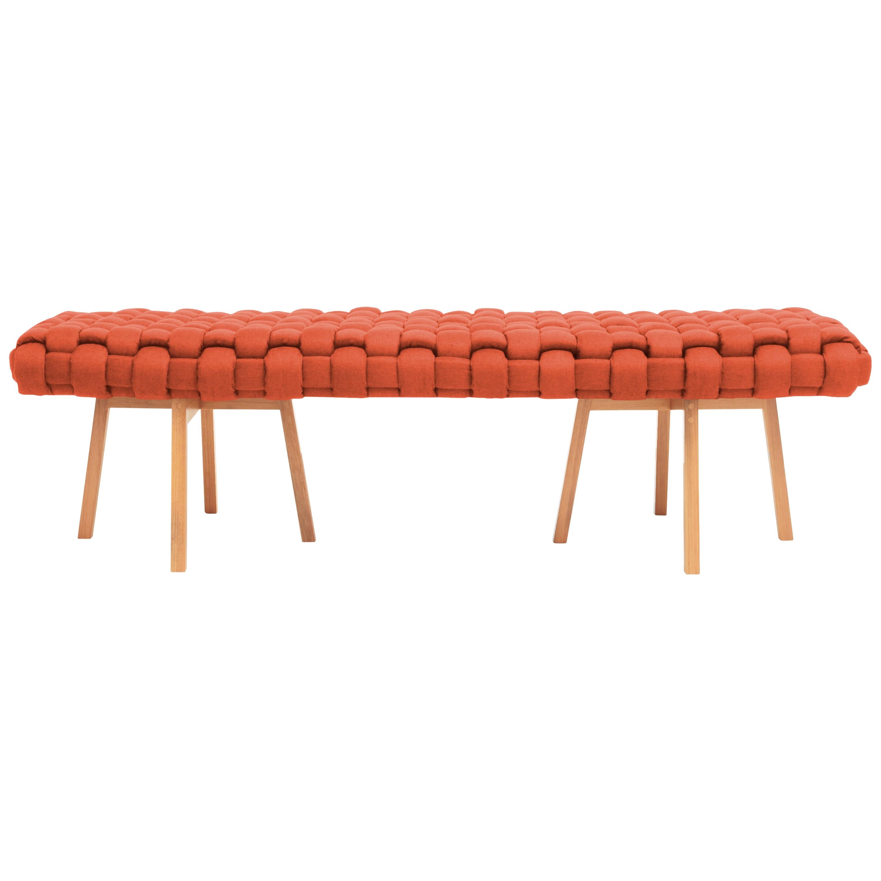 Contemporary Wood Bench, Handwoven Upholstery, the "Trama", Orange For Sale