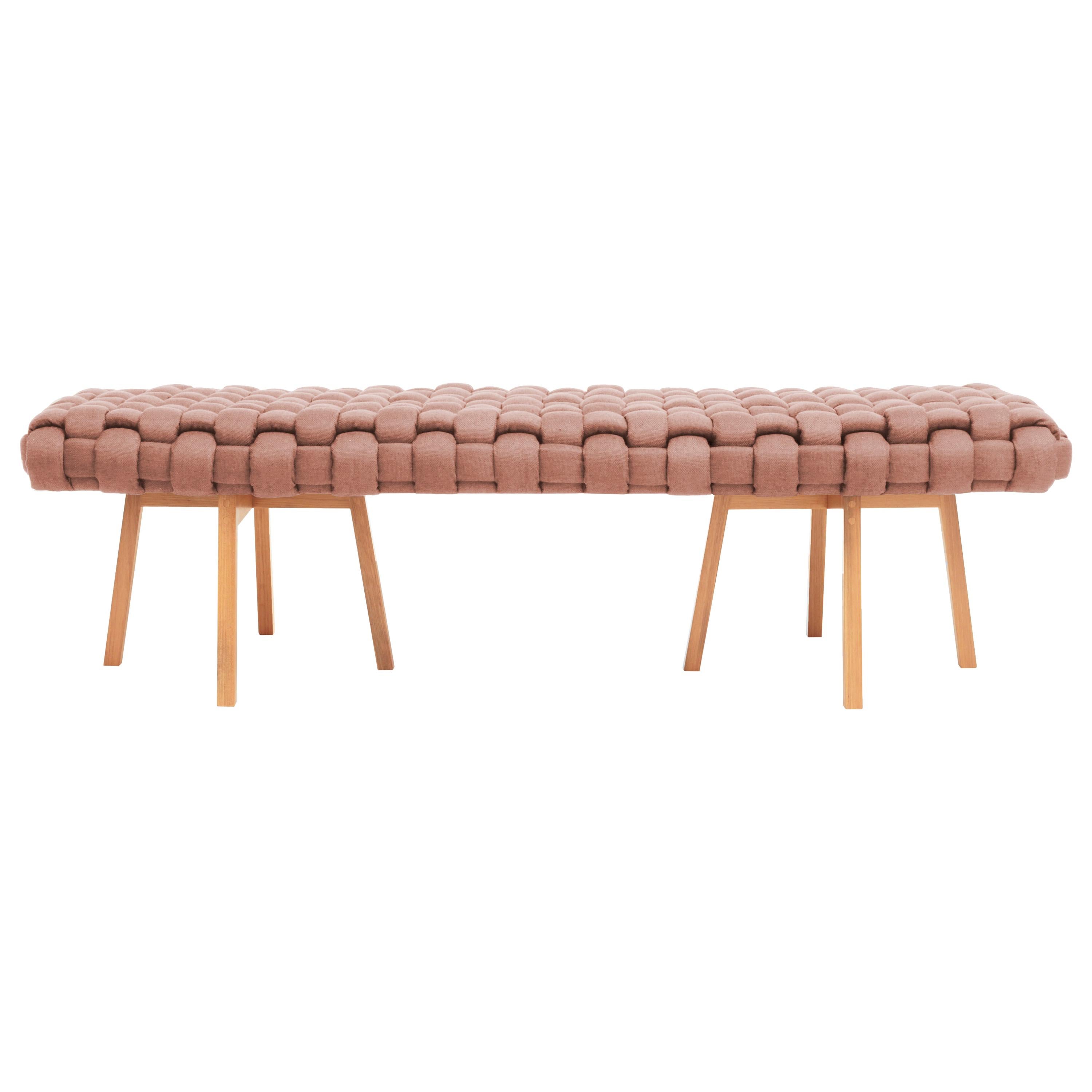 Contemporary Wood Bench, Handwoven Upholstery, the "Trama", Rose For Sale