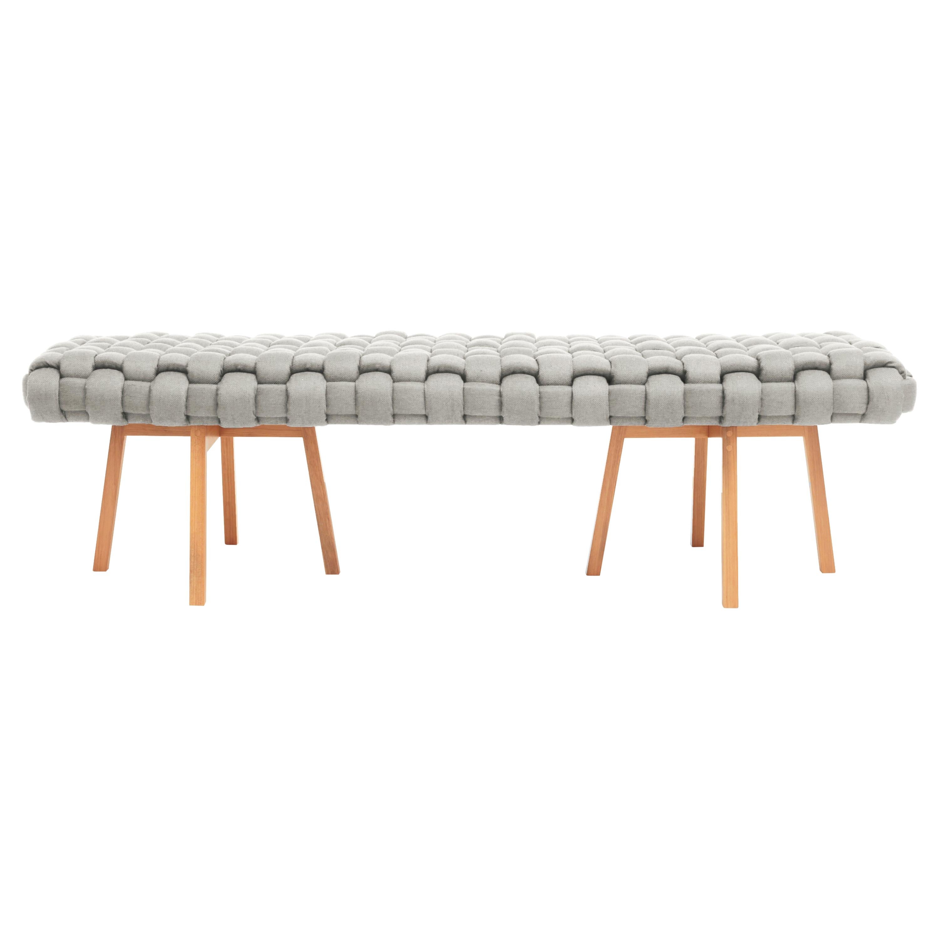 Contemporary Wood Bench, Handwoven Upholstery, the "Trama", Grey For Sale
