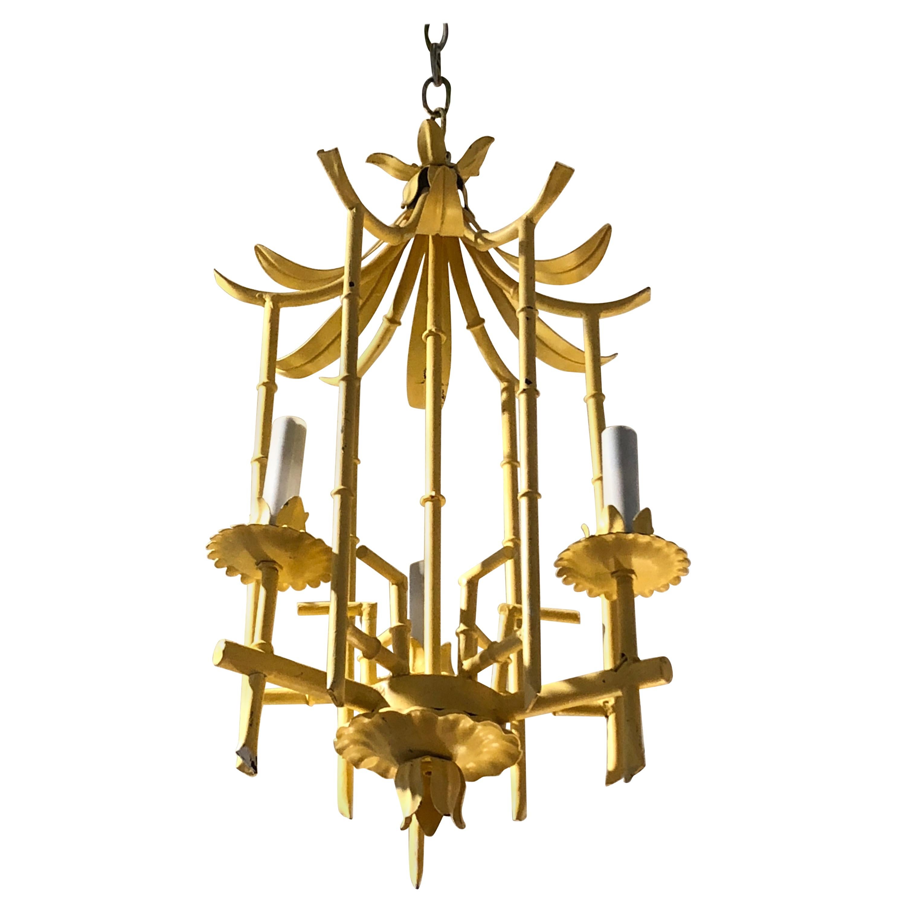 Stylish Hollywood Regency Pagoda Tole and Faux Bamboo Chandelier Pendant