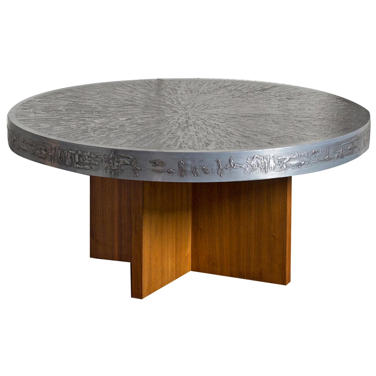 1960s Belgian Round Coffee Table with Aluminum Embossed Graphic Top