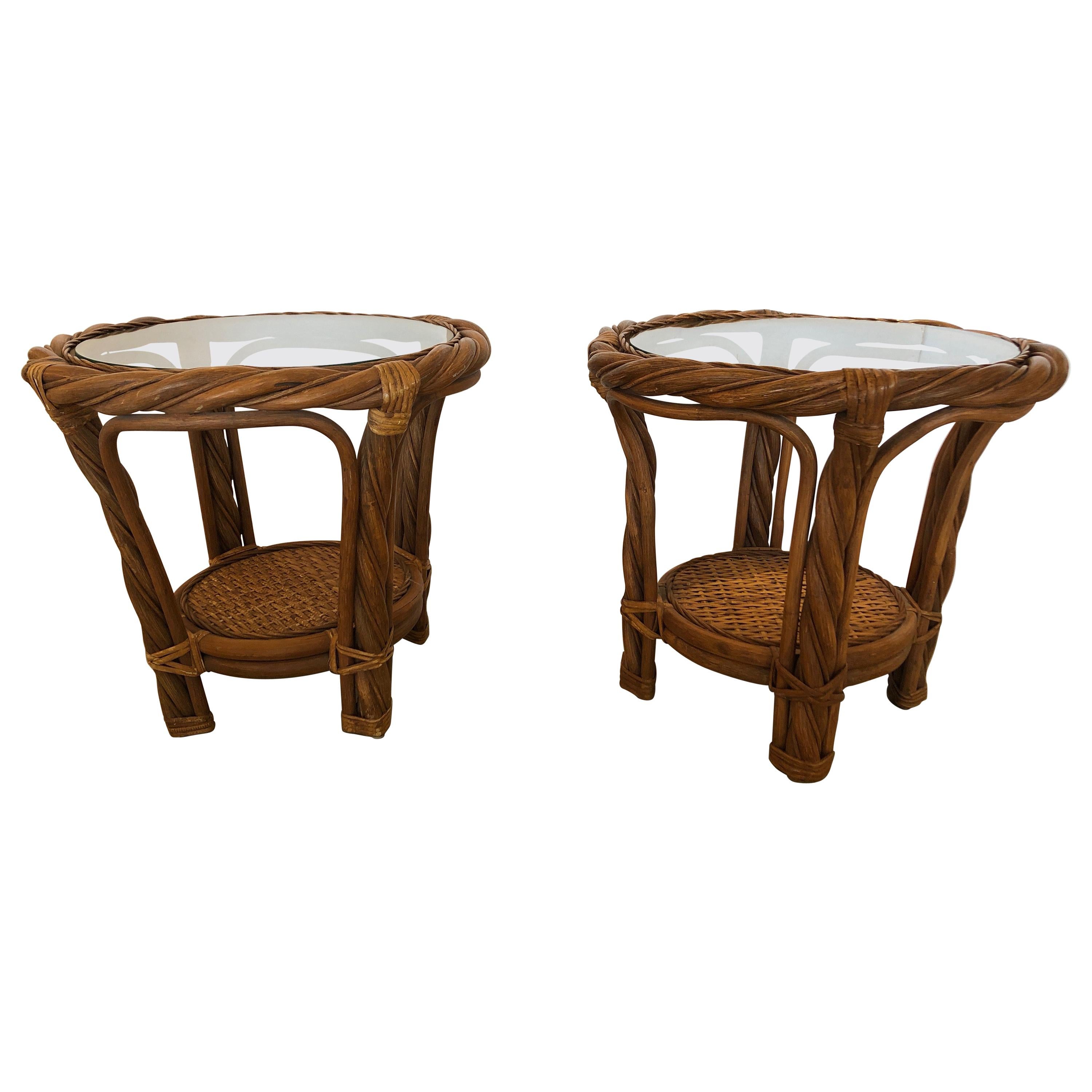 Perfect for the Hamptons Pair of Round Rattan Bamboo and Wicker Side End Tables