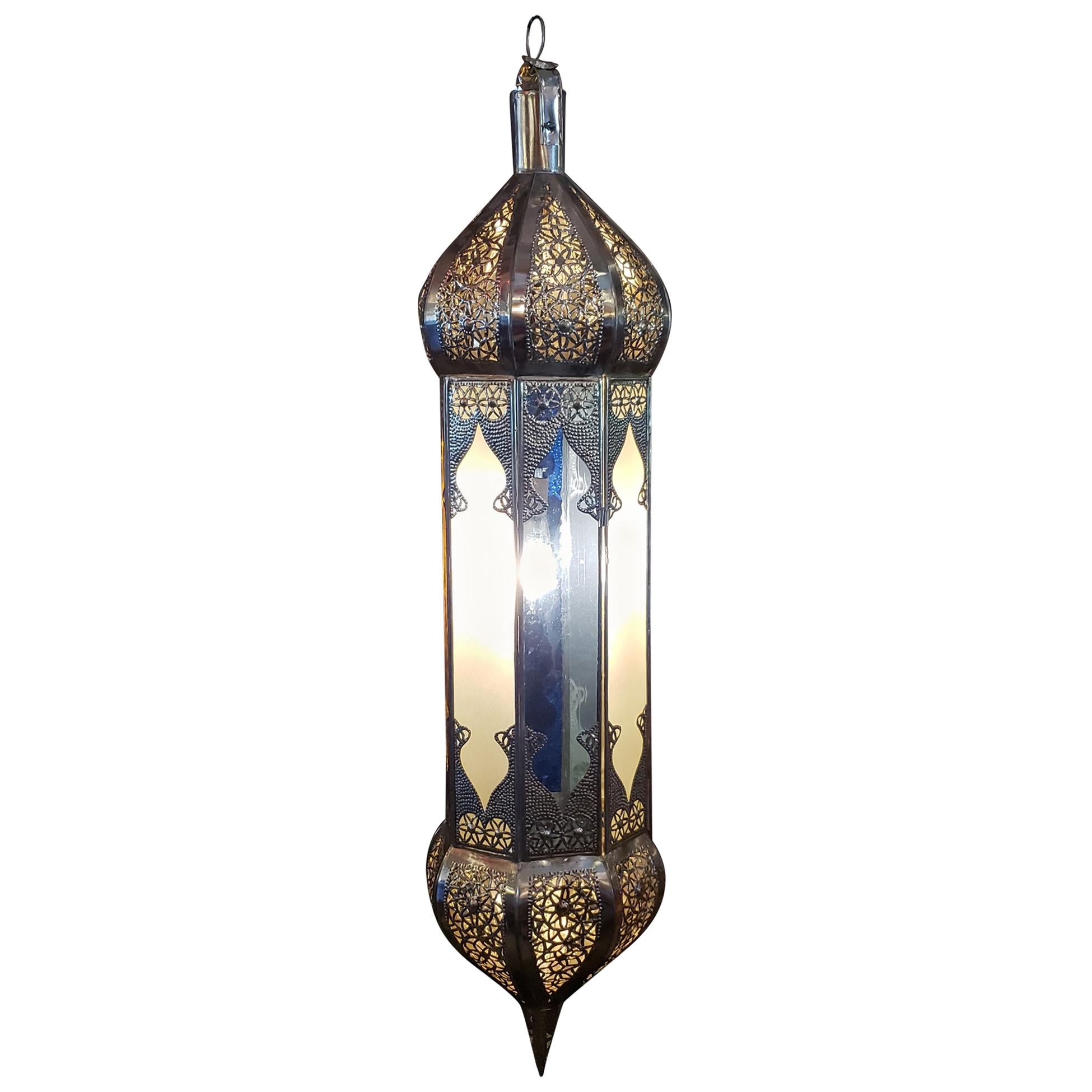 Balouta Handmade Moroccan Lantern, Yellow, Blue and Frosty White Glass For Sale
