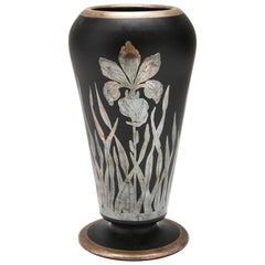 Art Deco Silver Overlay Iris Black Glass Vase Attributed to Rockwell